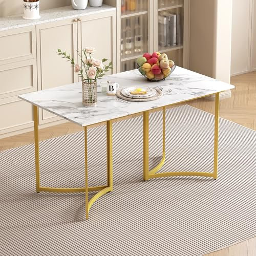 Merax Esstisch 140x80cm, Esstisch mit Marmoroptik für 4-6 Personen, Metallrahmen, verstellbare Tischbeine, Küchentisch Esszimmertisch für Restaurant, Wohnzimmer, Küche,Wohnzimmer, Weiß/Gold