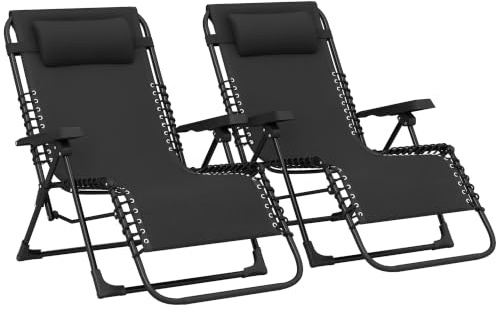Outsunny 2er-Set Sonnenliege, Klappliege mit Kopfstütze aus Textilene, Liegestuhl Garten Outdoor neigbar Strand Camping Pool Terrasse, 90 x 65 x 112 cm, schwarz