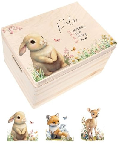 Creative Deco Erinnerungsbox Baby Personalisiert mit Namen - Waldtiere | 40 x 30 x 24 cm | Individuelle Erinnerungskiste Geschenk zur Geburt für Mädchen und Jungen | Holzkiste mit Deckel | Farbdruck