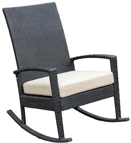 Ogarden Schaukelstuhl Rocking Chair, Aluminium Poly Rattan Outdoor Schaukelstuhl, Schaukelsessel mit Kissen, für Garten, Terrasse, Balkon, Relaxsessel Gartenstuhl