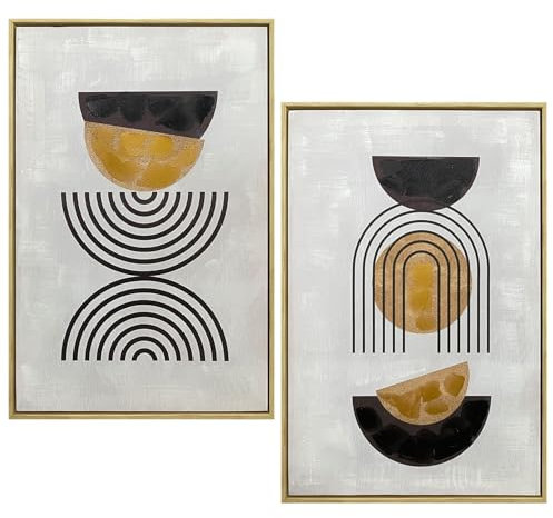 DRW Abstraktes Holzbild mit handbemaltem Rahmen in Gelb, Schwarz und Grau, 40 x 3,5 x 60 cm