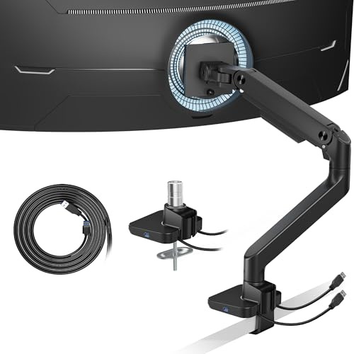 ARES WING Single Monitor Arm with USB A/C, Black monitor Mount for 17 to 49 Screens, Holds 44 lbs, Adjustable Gas Spring Monitor Arm Desk mount with Cable Management, 75/100MM VESA Mount