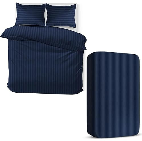 MOONLIGHT20015 4 Piece Super King Bedding Set Satin Stripes Duvet Cover Fitted Sheet with Pillow cases Hotel Quality Soft Brushed Microfiber Navy