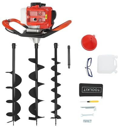 Levkitch 2.3HP Petrol Spiral Digger,3 Pillar Drill Bits Attachments 4 6 8 Inch