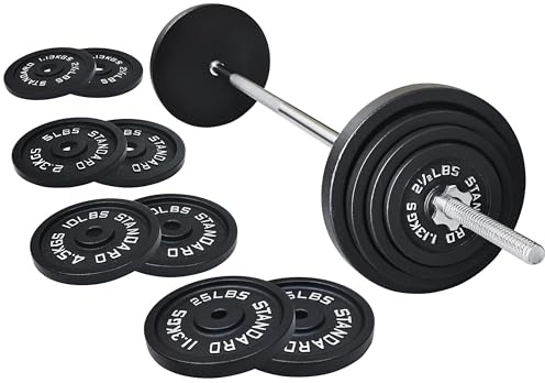 Fitvids Cast Iron 1 Standard Weight Plates Including 5FT Standard Barbell Bar & Star Locks, 95 Pounds Set (85 Lbs Plates + 10 Lbs Barbell Bar), Multiple Packages