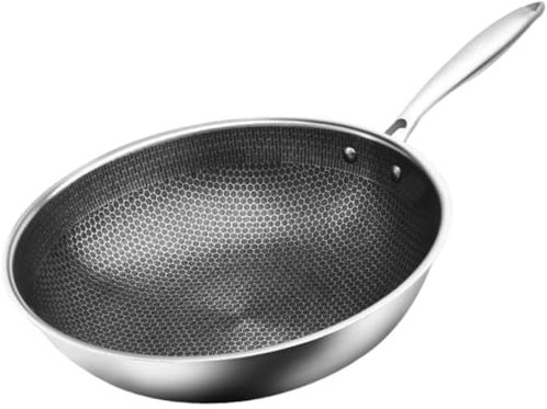 TOPPERFUN Poêle Wok Inox Nid Abeille Antiadhésive Poignée Acier Inoxydable Résistance à Usure Cuisson Homogène Compatible Gaz Et Induction