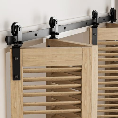 Falttür-Hardware-Set, komplettes System mit schwarzer Laufschiene und Rädern für 4 Holztüren (54 cm), einfache Installation, 2,3 m