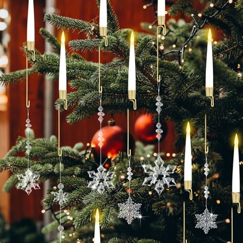 Roowest 24 Sets Christmas Tree Candle Holders Metal Candle Holder with Snowflake Icicle Drop Flickering Clip on Light Candlestick for Xmas Wedding Party Winter Party Supplies