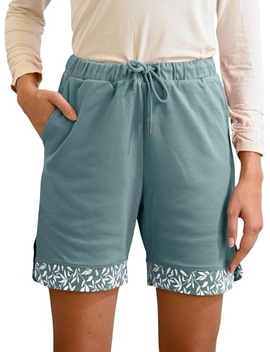 Enorsia Womens Bermuda Shorts Cotton Loose Fit Summer Shorts with Elastic Waist, Drawstring, Back Pocket, Side Slit & Leaf Print Hem for Casual Beachwear (UK, Numeric, 16, Regular, Regular, Green)