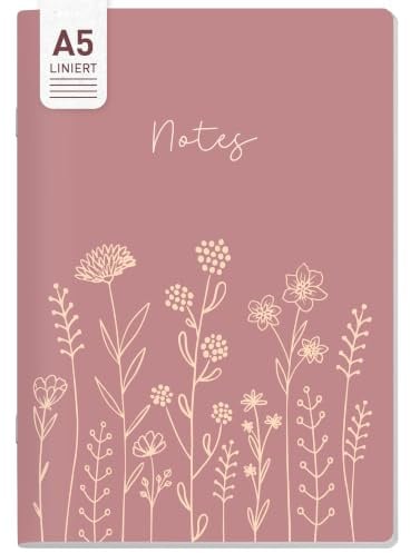 Häfft paper&you® Notizheft A5 liniert Fine Flowers rosé | Softcover Notizbuch ideal für unterwegs, Schule, Arbeit & Co: abgerundete Ecken, 90 g/m²-Papier & 64 nummerierte Seiten