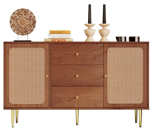 BTM Kommode mit 2 Türen und 3 Schubladen, Rattan Türkommoden mit Schubkasten, Verstellbare Ablage, für Wohnzimmer Schlafzimmer, Nussbaum-H90/B150/T40 cm