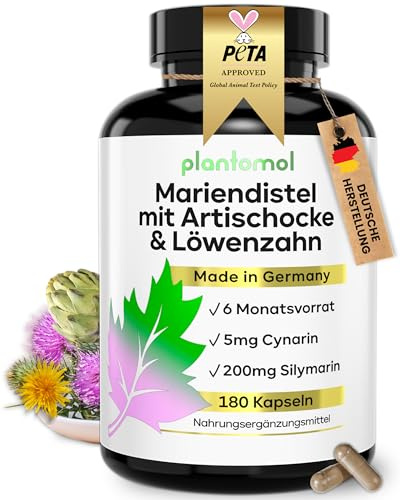 Mariendistel Artischocke Löwenzahn Komplex - 180 Kapseln - plantomol® | Mariendistel Kapseln hochdosiert mit Artischocken-Extrakt & Löwenzahn-Extrakt + Cynarin - Artischocken Kapseln hochdosiert