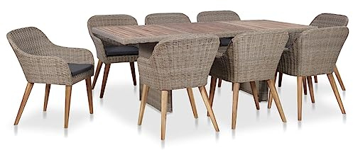 QJBSAVVA Poly Rattan Essgruppe 9-TLG. 200 x 100 x 74 cm Braun Dunkelgrau Gartenmöbel Outdoor Set mit 8 Stühlen abnehmbaren Auflagen für Garten Terrasse Balkon Kleiner Balkon