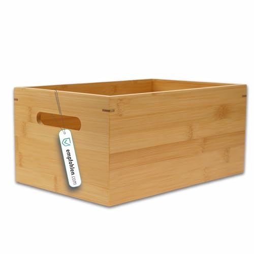 Kibun Holzkiste mit Griffen aus Bambus, stapelbare Aufbewahrungsbox Holz 30x20x14 cm ohne Deckel | Holzbox Allzweckkiste Bambus Box | Holz Organizer Holzkasten für Büro Küche Kinderzimmer