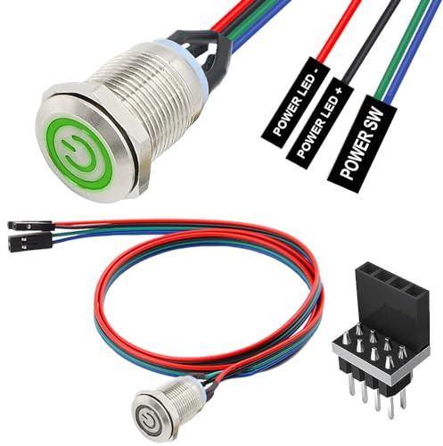 HAAMNING7 12mm Chassis Switch Host Metal Button Cable, Computer Host Switch, PC Case LED Power Button ATX Supply On/Off Extension Cord for DIY Computer Switch, with 1 to 2 splitters (Green)