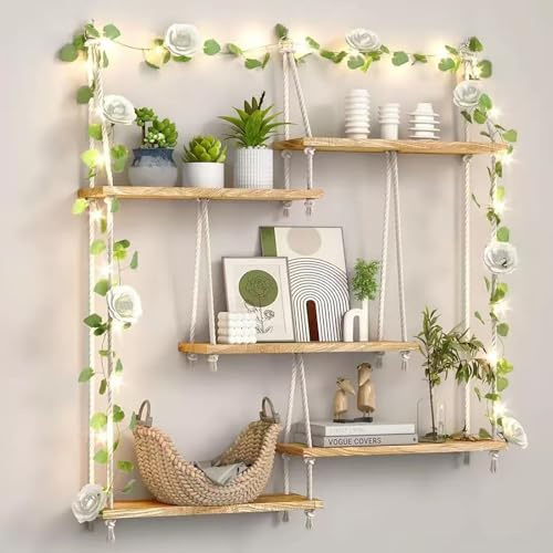 Zephviora Wandregal Holz 5-stöckig mit Lichtdekoration, Hängeregal im Boho-Stil – Schweberegal für Pflanzen, Bücher & Deko – Wandmontiertes Blumenregal für Wohnzimmer, Schlafzimmer, Balkon