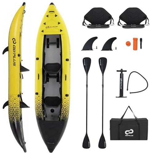 COSTWAY Juego de Kayak Hinchable 2 Plazas, 381 cm Barca Hinchable Portátil con Capacidad de 230 kg, 2 Asientos Acolchados y Reposapiés Ajustables, Remos de Aluminio y Bomba de Mano (Amarillo)
