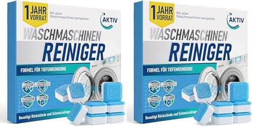Aktiv 24x Waschmaschinenreiniger Tabs extra stark gegen Geruch & Kalk - Waschmaschinen Reiniger mit Formel für Tiefenreinigung - Waschmaschine Hygiene Reinigung 1 Jahres Vorrat (Packung mit 2)