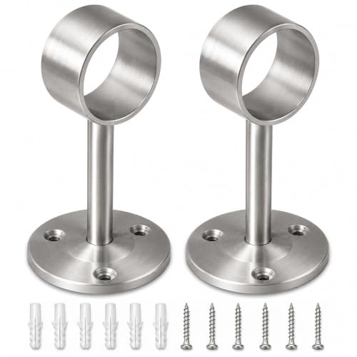 2 Pack Curtain Pole Brackets, 32mm Full Cup Curtain Support Holders, Silver | Stainless Steel Wall or Ceiling Mount Hooks for Wardrobe Rails, Clothes Rails Shower Rods, 6 Screws & Wall Plugs