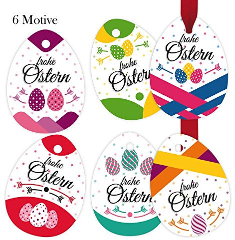 Kartenkaufrausch 6 Moderne Oster Geschenkanhänger farbig, Deko Osterei Papieranhänger, Etiketten 10 x 7,5cm auch als Osterdeko: Frohe Ostern • zum Verzieren von Geschenktüten