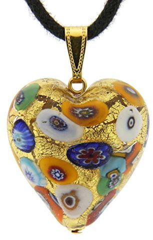 Glass Of Venice Collier avec pendentif en forme de cœur en verre de Murano, design Klimt avec millefiori multicolore et or 24 carats, taille 2,5 cm, fait à la main à Murano, Italie – Pendentifs en ver