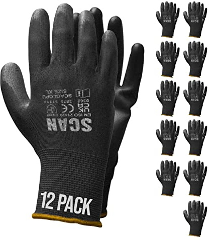 Scan SCAGLOPU12M Black PU Coated Gloves - Size 8 - Pack 12