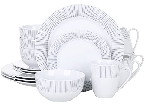 VEWEET Geschirrset 4 Personen, 16-tlg. Porzellan Tafelservice, Modernes Kombiservice mit Speisetellern, Desserttellern, Müslischalen & Kaffeebechern, Spülmaschinen- & Mikrowellengeeignet, Serie FRAME