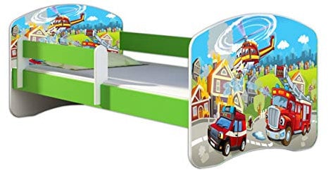 ACMA Kinderbett Jugendbett mit Einer Schublade und Matratze Grün mit Rausfallschutz Lattenrost II 140x70 160x80 180x80 (36 Feuerwehr, 140x70)