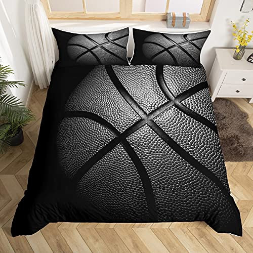 Loussiesd Schwarz Basketball Bettbezug Set Jungs Kinder Sportthema Bettwäsche Set 135x200 cm 3D Basketball Muster Betten Set mit Reißverschluss Sanft Mikrofaser