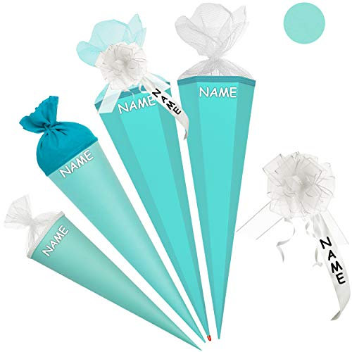 alles-meine.de GmbH Schultüte - Rohling - TÜRKIS blau - 85 cm - 6 eckig - incl. Name und individueller Schleife - Tüllabschluß - mit/ohne Kunststoff Spitze - Zuckertüte - Markn..
