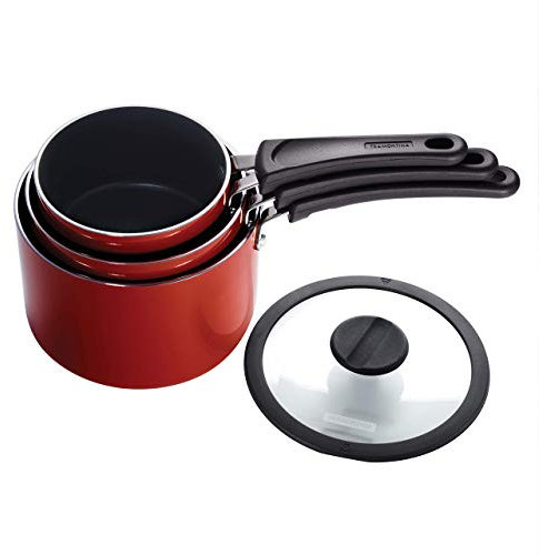 Tramontina Set di 6 padelle antiaderenti in alluminio con coperchio, colore rosso, set di pentole antiaderenti da cucina, lavabili in lavastoviglie e forno