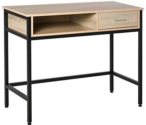 HOMCOM Bureau avec Rangement Table Bureau Industriel Bureau Ordinateur avec tiroir châssis métal Noir Plateau Bois chêne Clair