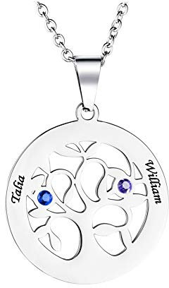 HOUSWEETY Collier Pendentif Gravure Personnalisé 2-7 Prénom Rond Arbre de Vie avec Acier Inoxydable Pendentif Pierres de Naissances Collier pour Femme