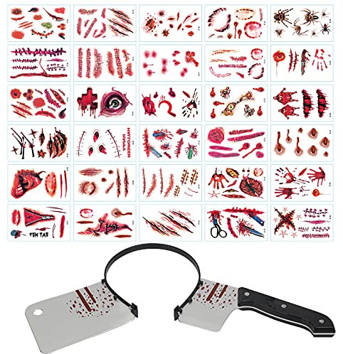 KATOOM Fasce per Armi di Halloween,Spaventoso Sanguinante Machete Sanguinante Fascia Puntello con 30 Fogli Adesivi Tatuaggio Cicatrice per Vampiro Zombie Terrore Decorazione del Partito Costume