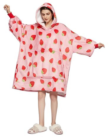 Sedefen Decke Hoodie Sweatshirt mit Känguru Tasche,TV-Decke Kuscheldecke mit Ärmel,Flauschige Sherpa Fleecedecke,übergroße Tragbare Morgenmantel,Rosa mit Erdbeermuster,Einheitsgröße,198x122 cm