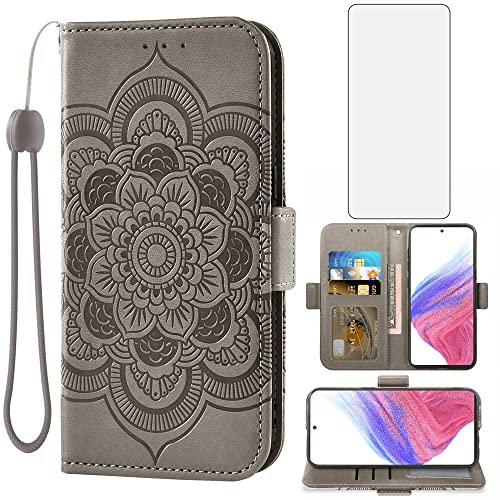 Asuwish Handyhülle für Samsung Galaxy A53 5G Hülle mit Glas Folie Schutzfolie Kartenfach Klappbar Leder Geldbörse Ständer A 53/5G 53 G5 S53 53A 4G Handy Hüllen Mandala Schutzhülle Phone Case Grau