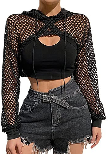 Damen Bauchfrei Crop T-Shirt Langarm Tops Casual Frauen Cropshirt Mesh T-Shirt mit Kapuze Sport Oberteile Netz Langarmshirt Sommer Cropped Top Mode Cropshirt für Party Strand Urlaub