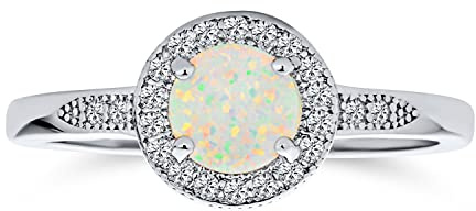 Petite Zierlich Cz Halo Kreis 1Ct Runde Solitär Erstellt Weiß Opal Verlobungsring Mit Seite Stein Akzent Edelstein Ring Für Frauen .925 Sterling Silber Oktober Birthstone