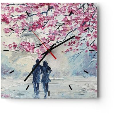 Modern Wanduhr Paar Paris Baum 30x30cm Quadrat Klein Wand Uhr Glas Analog Zimmeruhren Küche Büro Wohnzimmer Glasuhr Wall Clock Dekoration Design Wanddekoration Küchenuhr C3AC30x30-4211