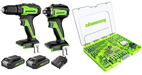 Greenworks 24V Drill Driver and Impact Driver Combo, Two 2Ah Batteries, Charger and Drill/Driver bits (extensive Set of 90 Pieces Suitable for All Drills and Cordless Screwdrivers)