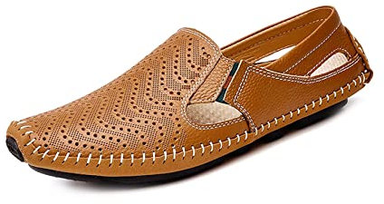 Mocasín Conducción de Cuero sin Cordones Perforado para Hombre Zapatos Barco Caminar Cómodos y Transpirables Zapatillas Planas al Aire Libre(Marrón,42/43 EU,43 Tallas de la Marca