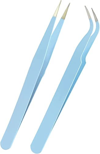 Lot de 2 pinces à épiler droites et incurvées pour extension de cils - Pour ongles - Strass - Pince de précision en acier inoxydable (bleu)