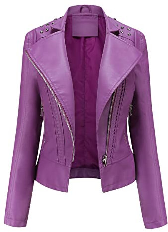 Giubbotto Ecopelle Donna Con Borchie - Giacca Biker in Similpelle, Finta Pelle Sintetica - Primavera, Viola, XL