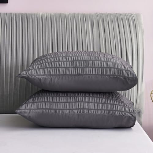Freyamy Seersucker Kissenbezug 40x80cm 2er Set Grau Geprägt Streifen Strukturiert Chic Kopfkissenbezug Gebürstet Microfaser Weiche Kissenhülle Bequem Kissenbezug mit Reißverschluss