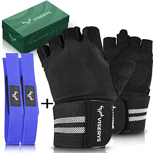 VISERYS Gant Musculation pour Femmes et Hommes avec Bandage de Poignet + Sangles de Levage de Musculation (Rembourré)