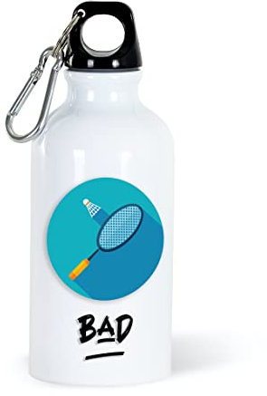 Gourde Badminton Sport 400ml Bouteille d’Eau Aluminium Réutilisable Ecologique avec Mousqueton. Idée Cadeau Original Humour Bad Homme Femme Enfant Ami Utile Voyage Collègue Anniversaire Noël