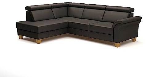CAVADORE Leder-Schlafcouch Ammerland mit Ottomane / Landhaus-Sofa mit Federkern, Bett, Bettkasten + Kopfteilverstellung / 245 x 84 x 194 / Leder Dunkelbraun