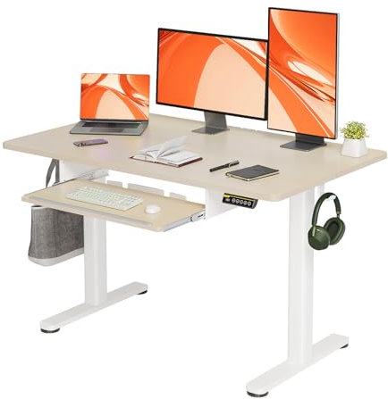 Claiks Electric Standing Desk with Large Keyboard Tray, 120x60cm Height Adjustable Desk, Sit Stand Desk with 3 Memory Smart Pannel, White Frame/Maple Top