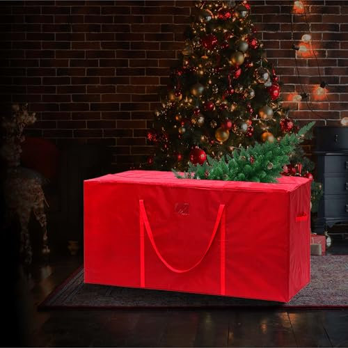 JUST FOR CHRISTMAS Tree Storage Bag Heavy Duty Large Xmas Tree Storage Box With Handles Waterproof & Tear-Proof Dual Zipper Durable Christmas Decoration Storage Bag Fits Up To 7Ft Christmas Trees- Red