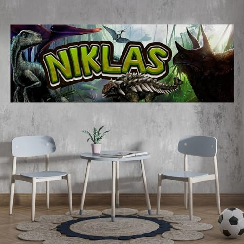 tjapalo® vz6 Dino Bild Dinosaurier Wandbild Dinosaurier Poster mit Namen personalisiert Kinderzimmer Bilder jungs dino bilder kinderzimmer jungen Name, Größen Name: B70xH24cm